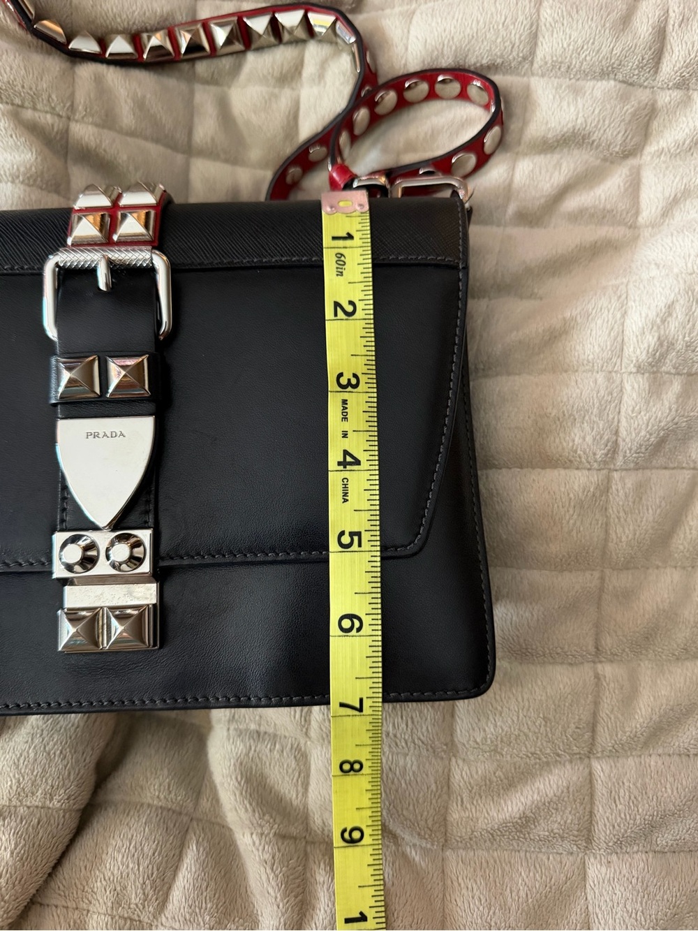 Prada Black Leather Crossbody w/Red Leather Silver-Tone Studded Strap & Accents! - Picture 13 of 15